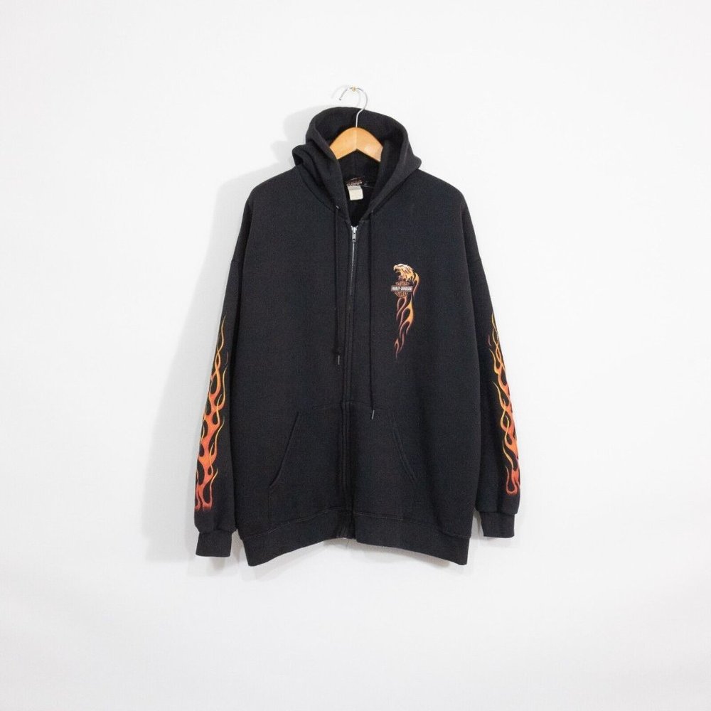 Vintage Y2K Harley Davidson Zip Up Hoodie 2XL - Biker Flames Faded Distressed
